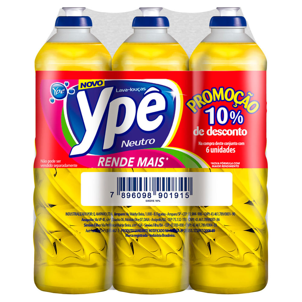 Detergente Ypê Neutro 500ml com 6 Unidades 10% de Desconto