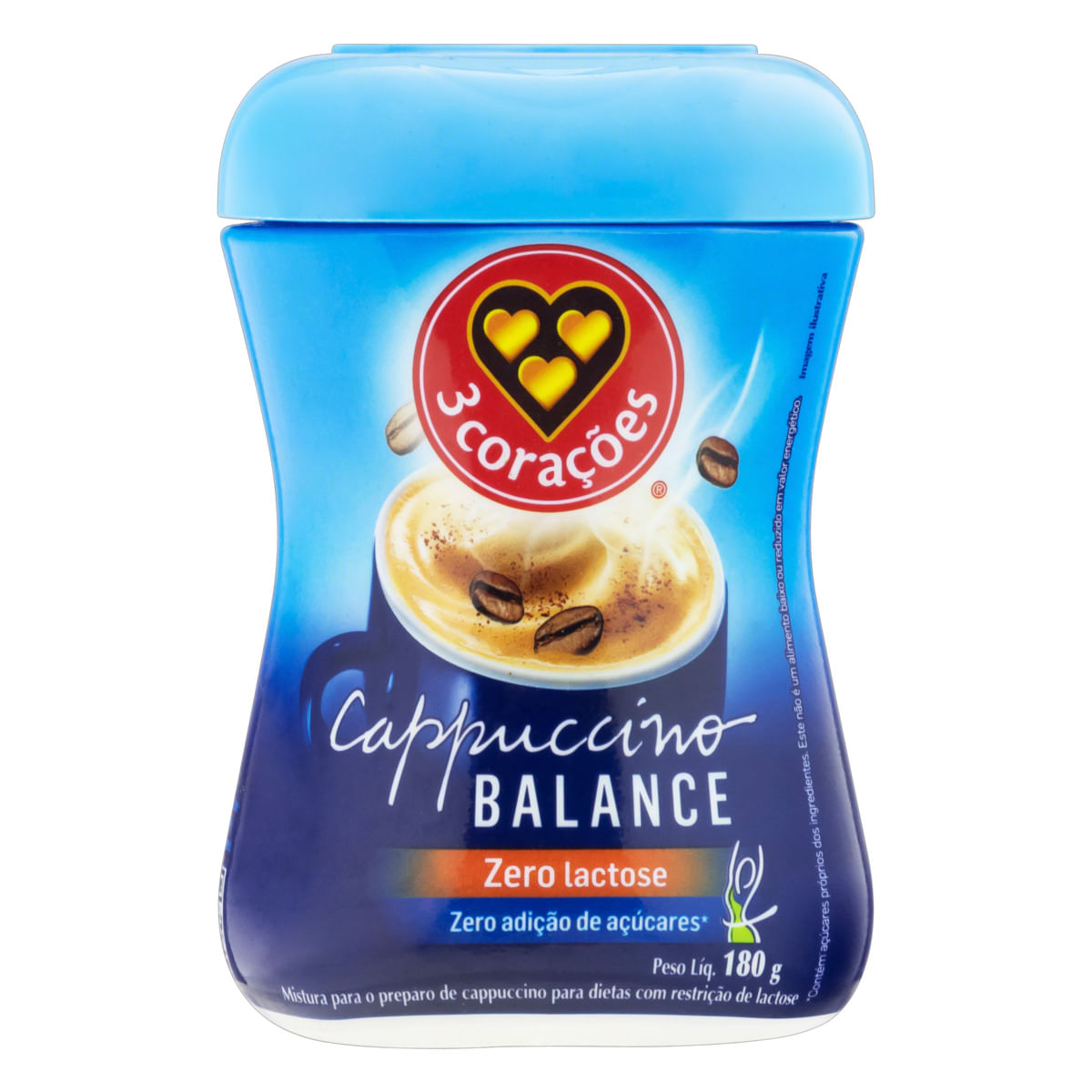 Cappuccino Solúvel Zero Lactose 3 Corações Balance Pote 180g