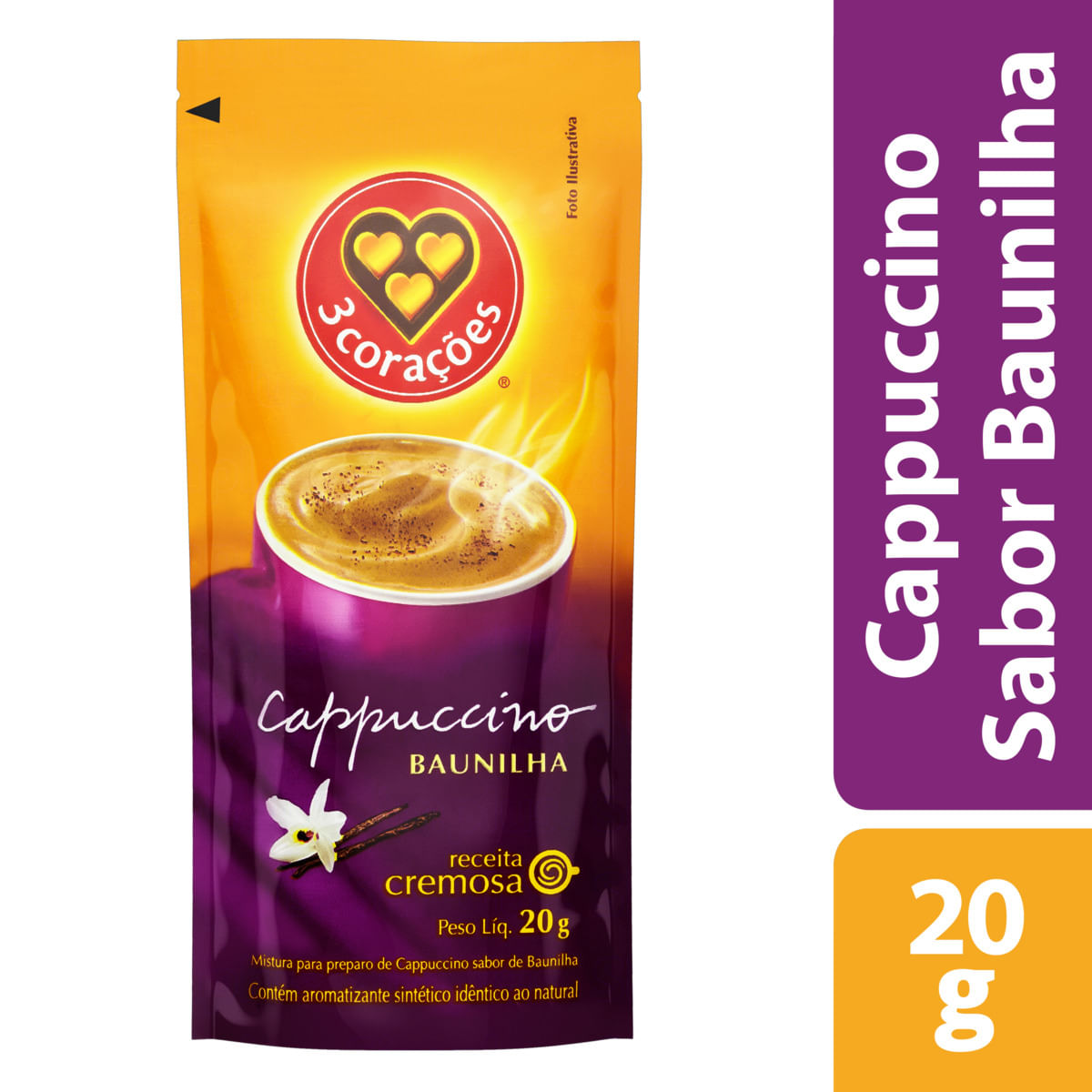 Cappuccino Solúvel 3 Corações Baunilha Sachê 20g