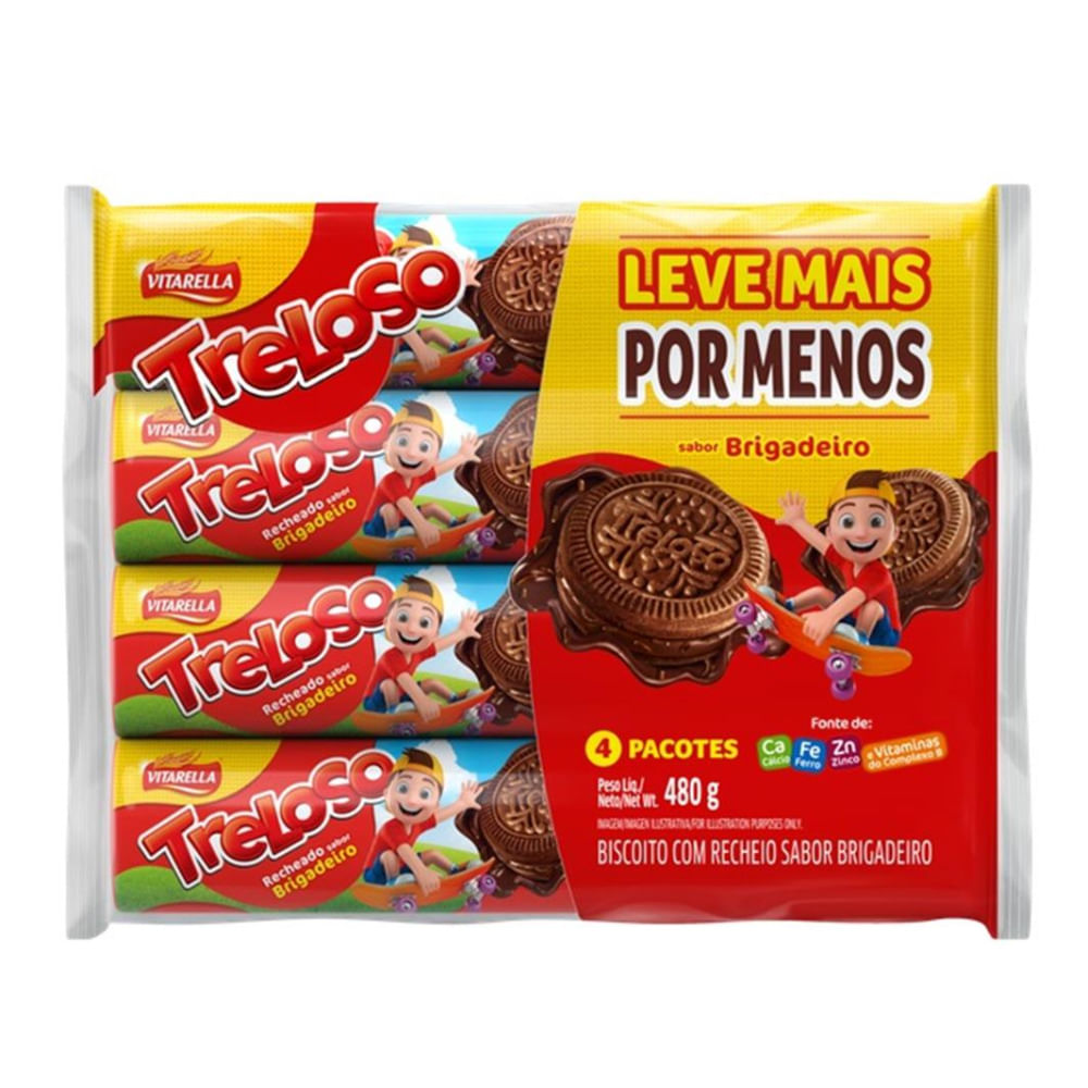 Biscoito Vitarella Treloso Recheado Brigadeiro 480g c/ 4 Unid Leve+ Pague-