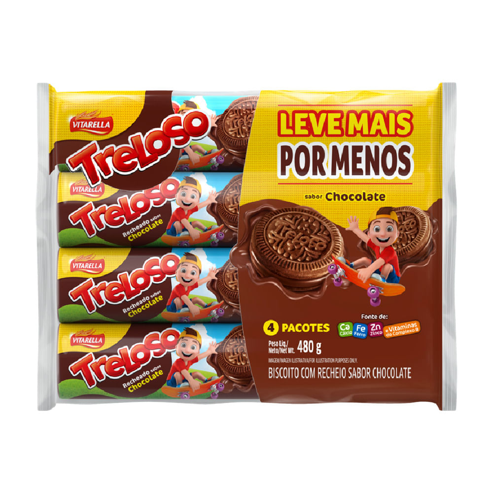 Biscoito Vitarella Treloso Recheado Chocolate 480g c/ 4 Unid Leve+ Pague-