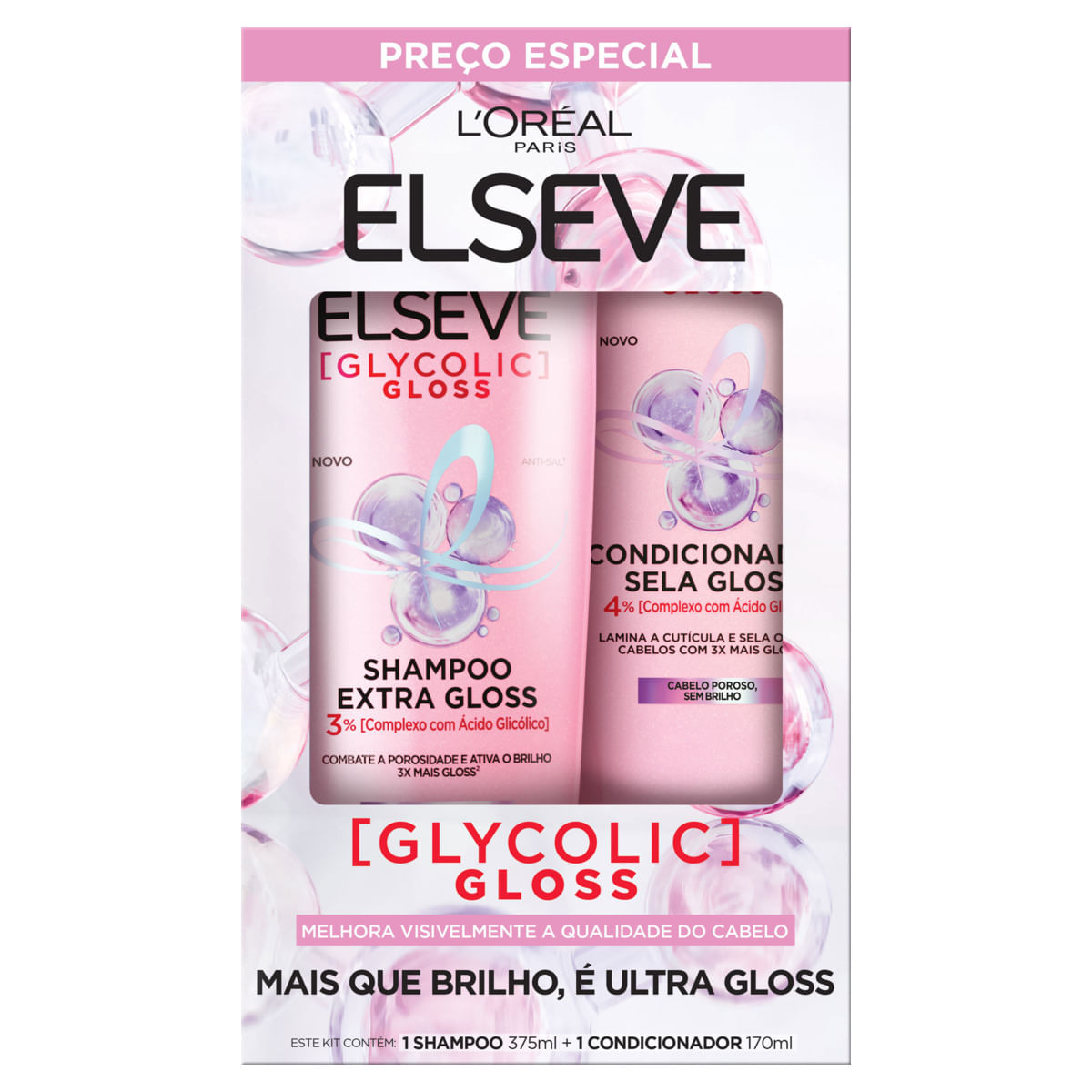 Kit Elseve Shampoo 375ml + Condicionador 170ml Glycolic Gloss