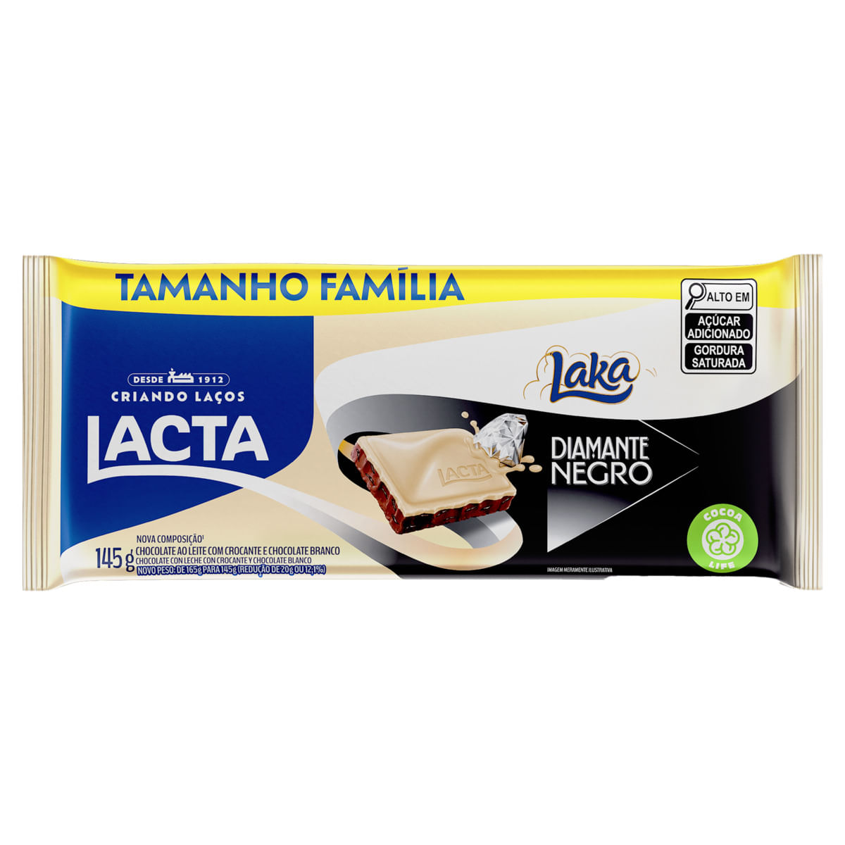 Chocolate em Barra Lacta Laka ao Leite e Branco + Diamante Negro 145g Tamanho Família