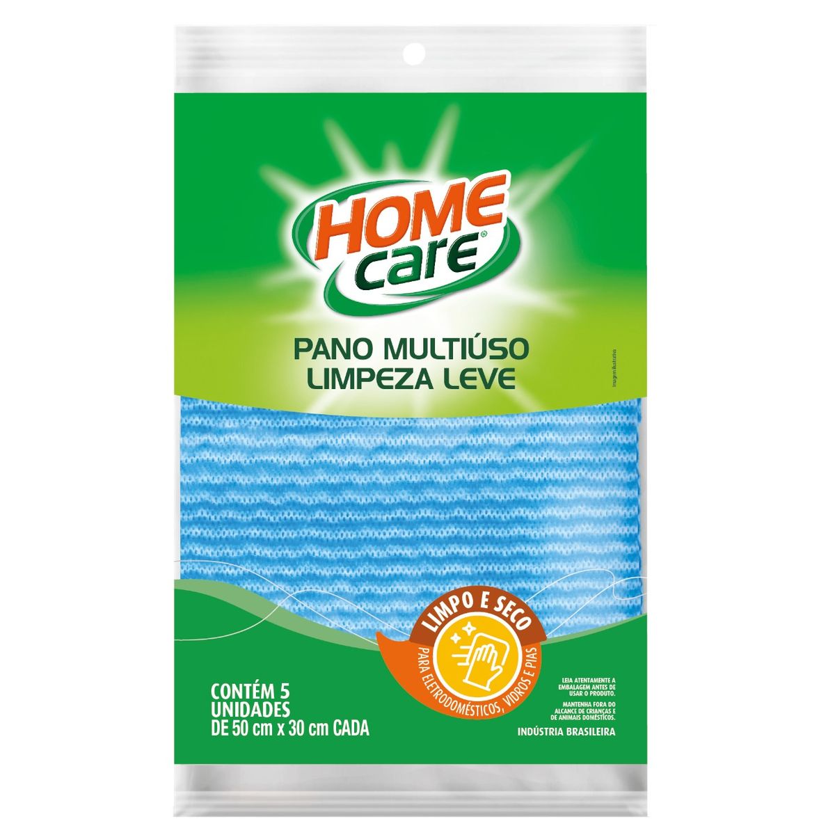 Pano Multiuso Home Care Limpeza Leve Azul com 5 Unidades 33cm x 50cm