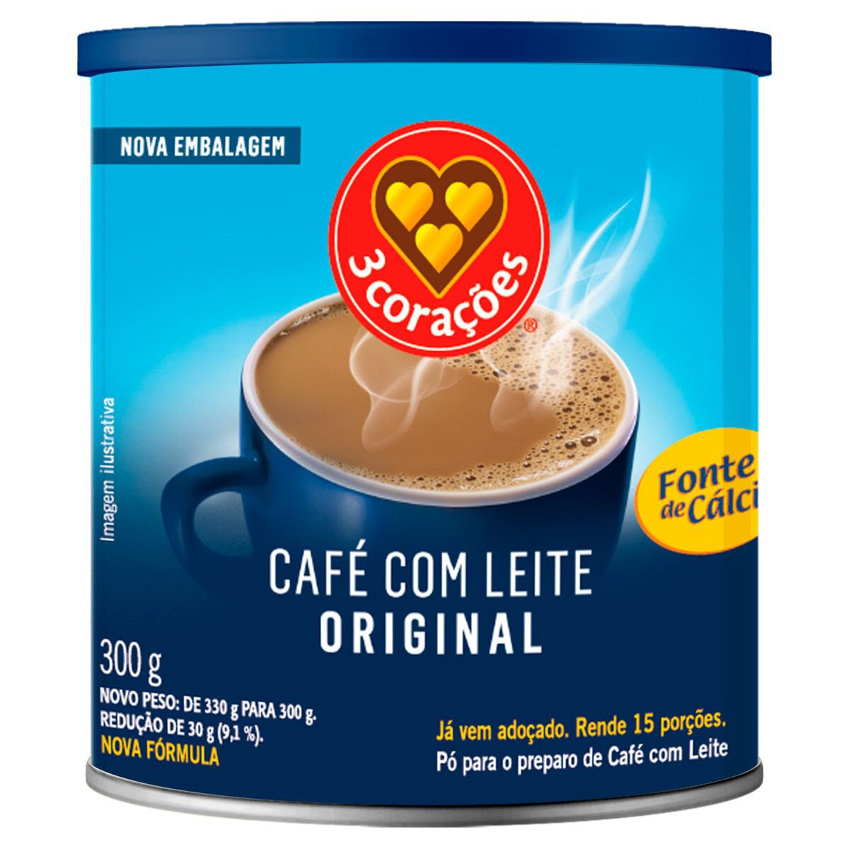 Café com Leite Solúvel 3 Corações Original Lata 300g