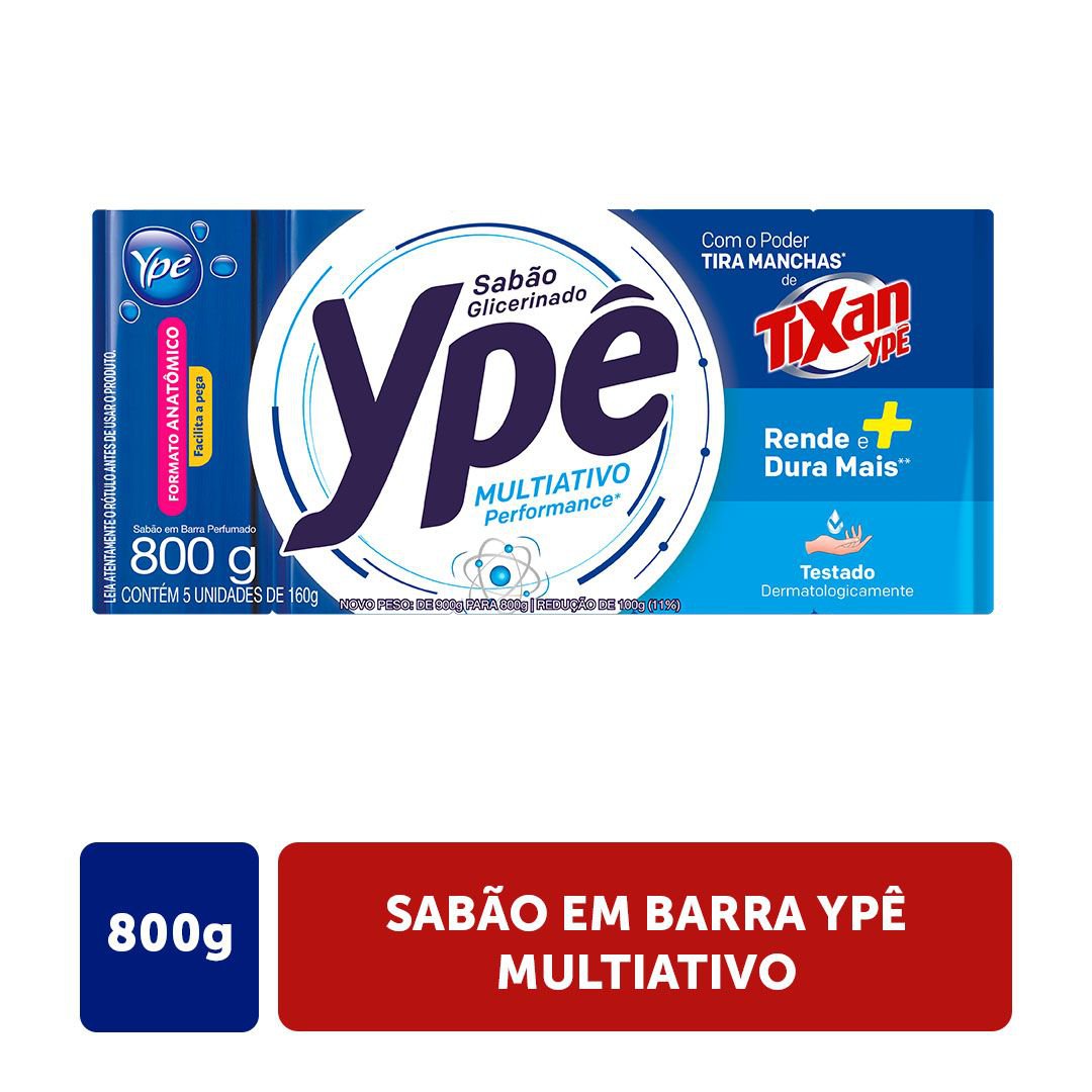 Sabão em Barra Glicerinado Ypê Multiativo Pacote 800g com 5 Unidades de 160g